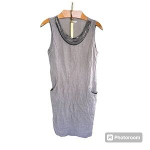 LINA TOMEI ~ Grey Linen Dress With Metallic Neckline Beading and Cotton Panels